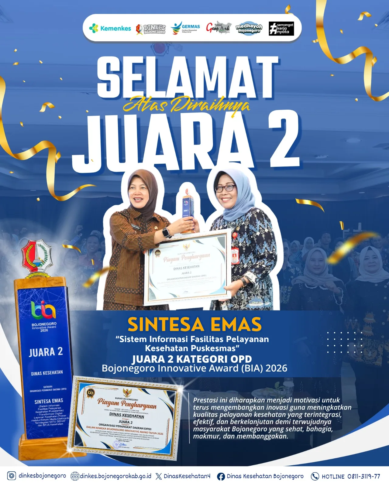 Dinas Kesehatan Kabupaten Bojonegoro berhasil meraih Juara 2 Kategori OPD - Bojonegoro Innovative Award (BIA) 2026 berkat inovasi SINTESA EMAS  🏆✨