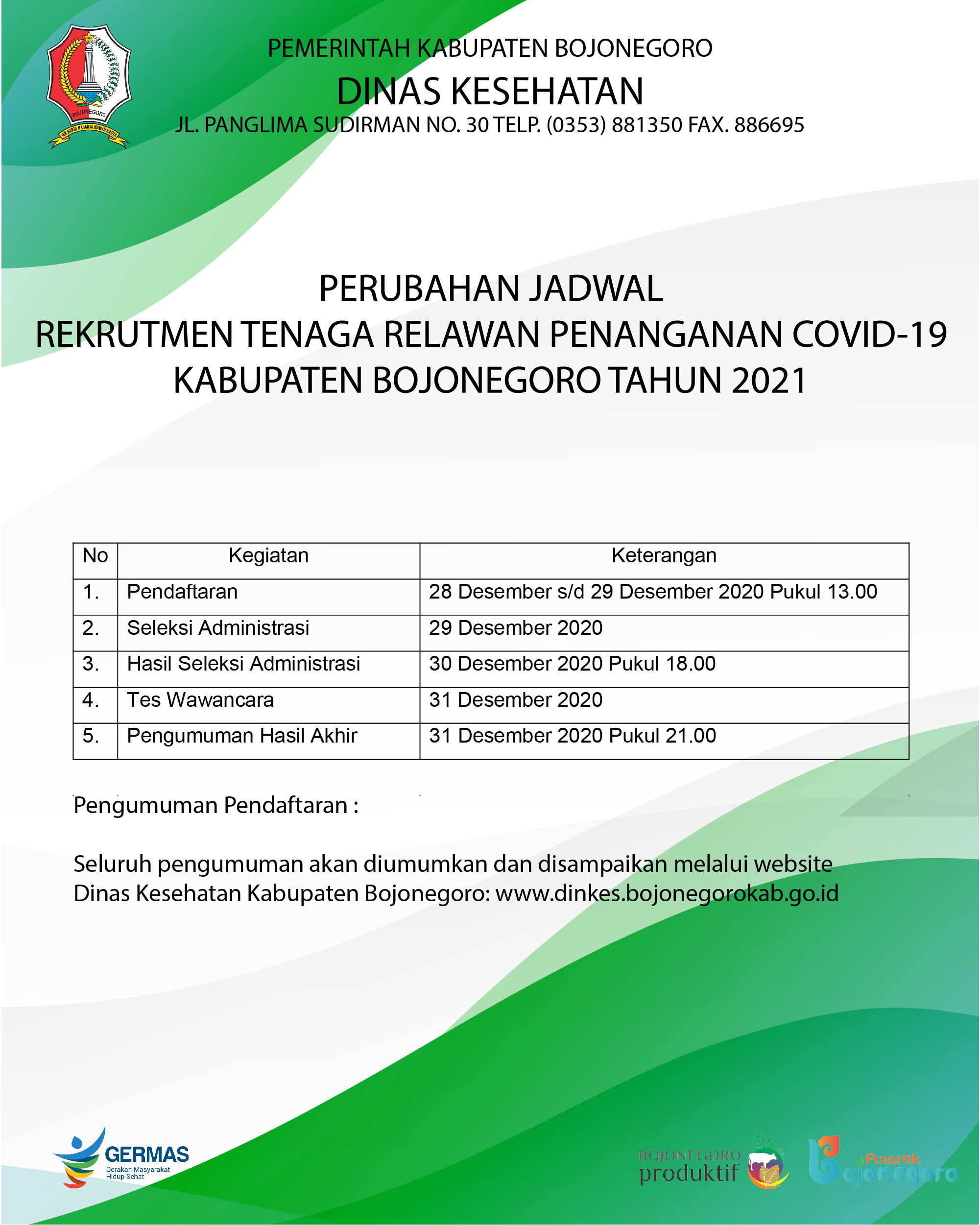 PERUBAHAN JADWAL REKRUTMEN TENAGA RELAWAN PENANGANAN COVID-19