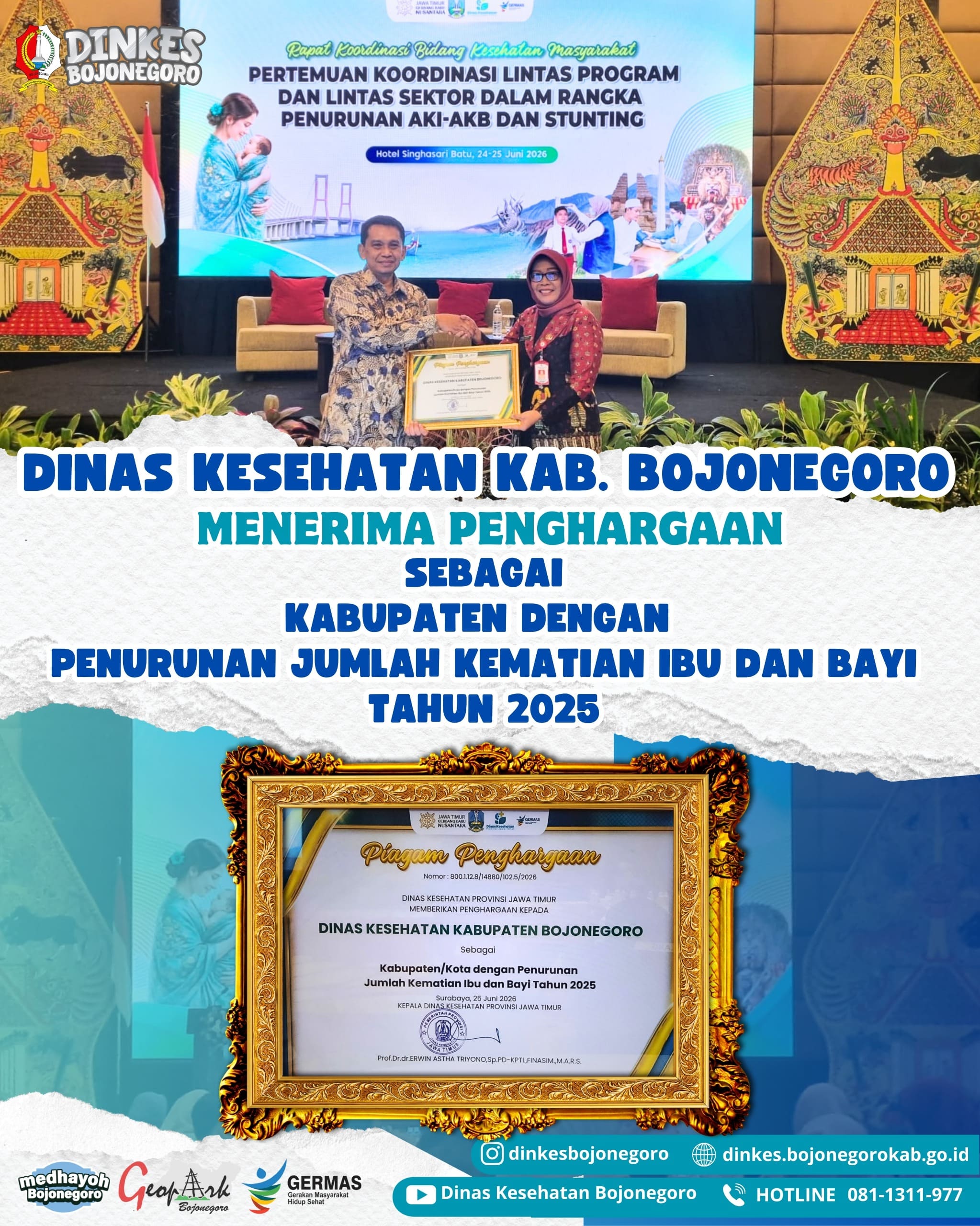 Bojonegoro meraih penghargaan Kabupaten dengan Penurunan Jumlah Kematian Ibu dan Bayi Tahun 2025