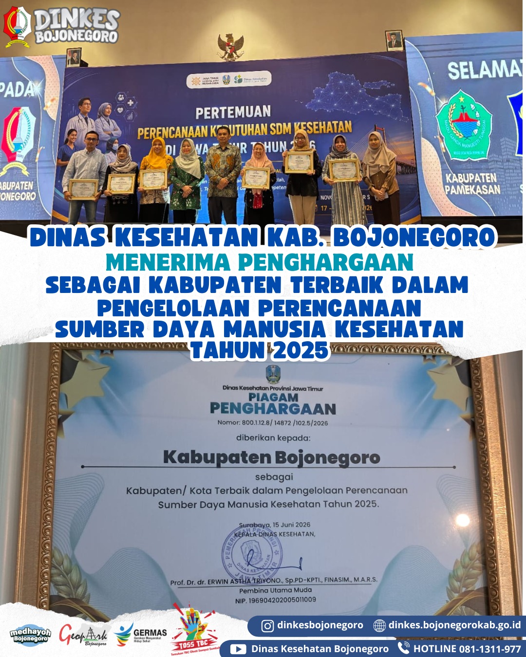 Kab. Bojonegoro meraih Penghargaan Kabupaten Terbaik dalam Pengelolaan Perencanaan SDMK Tahun 2025
