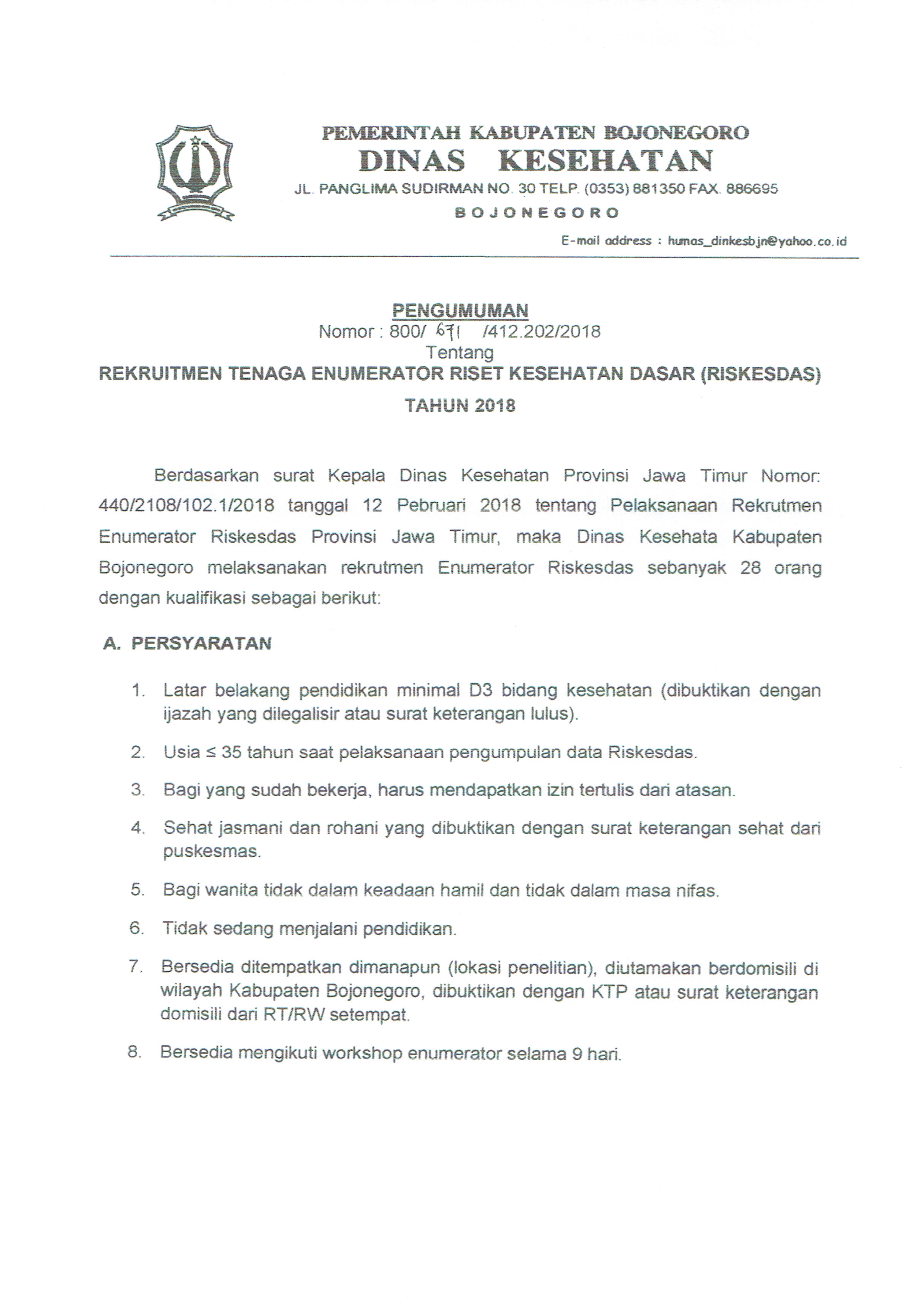 REKRUITMEN TENAGA ENUMERATOR RISET KESEHATAN DASAR TAHUN 2018